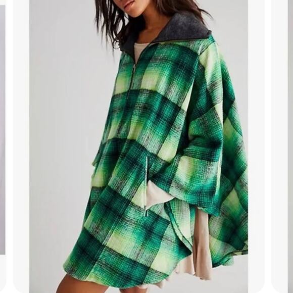 NEW Free People Woodstock green brushed plaid collared 3/4 zip poncho jacket - Picture 2 of 11